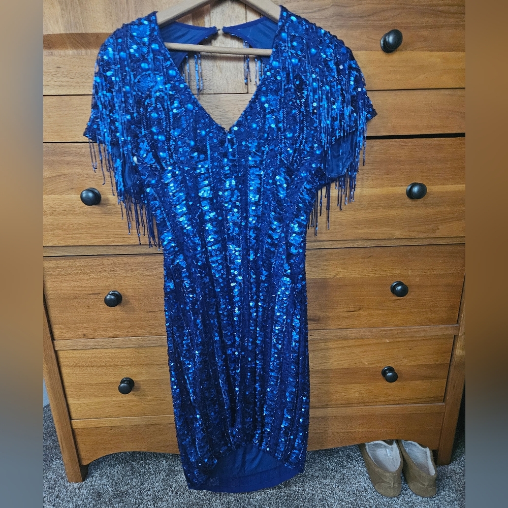 Blue sequined evening dress